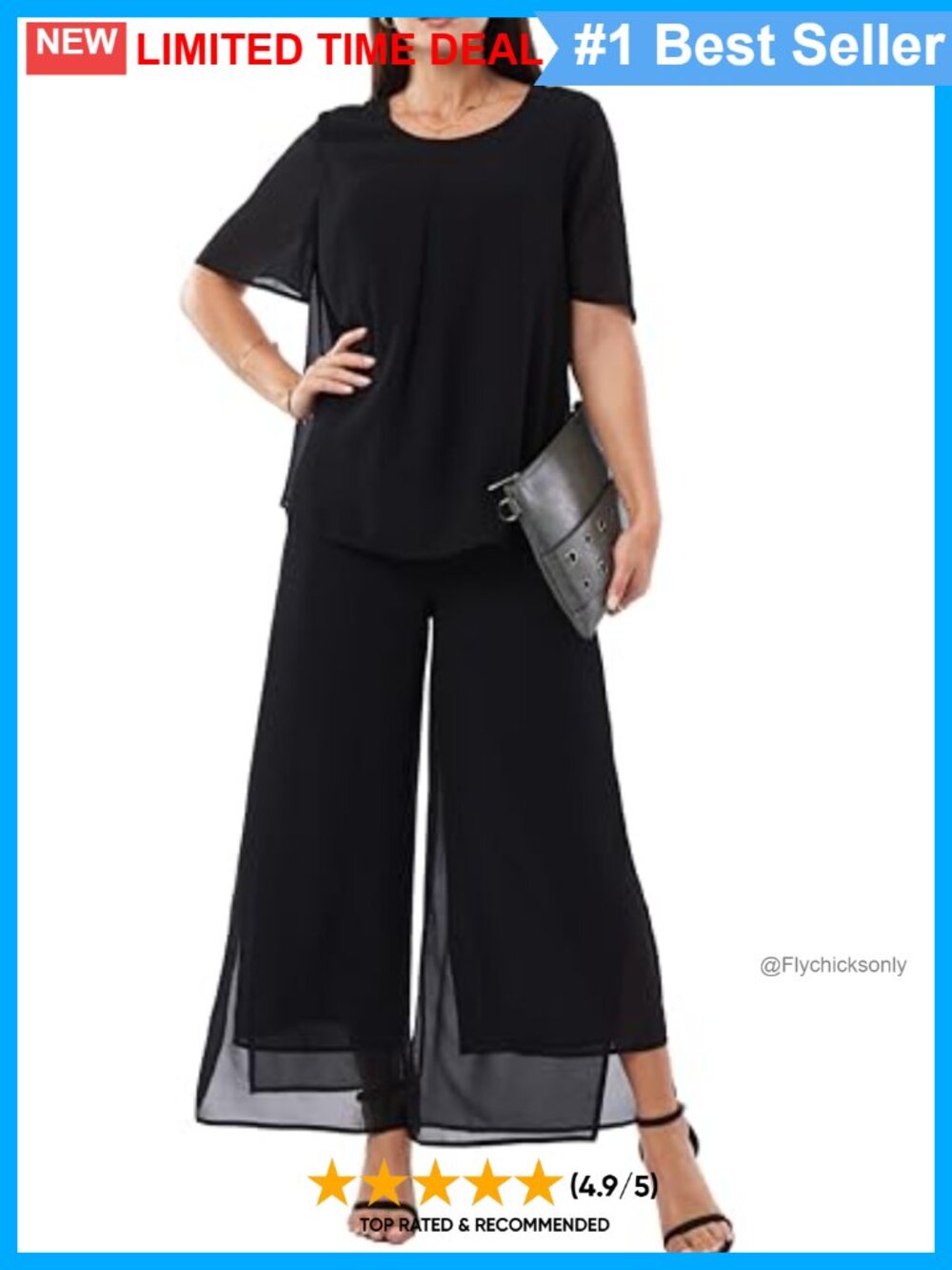 Chiffon 2-Piece Pant Suit Ruffle Blouse & Wide Leg Pants Set